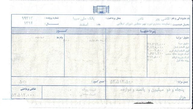 فیش حقوقی یک نماینده مجلس