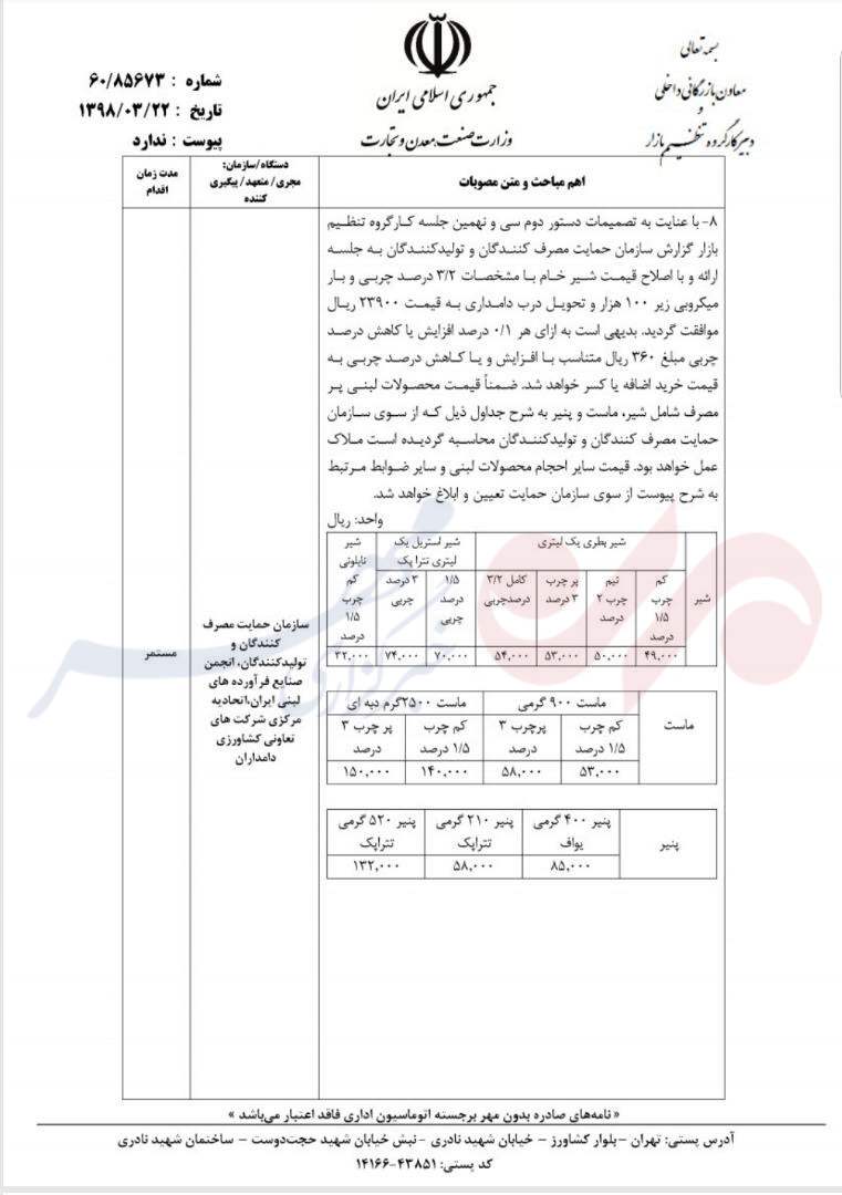 جزییات افزایش قیمت شیر و لبنیات +سند