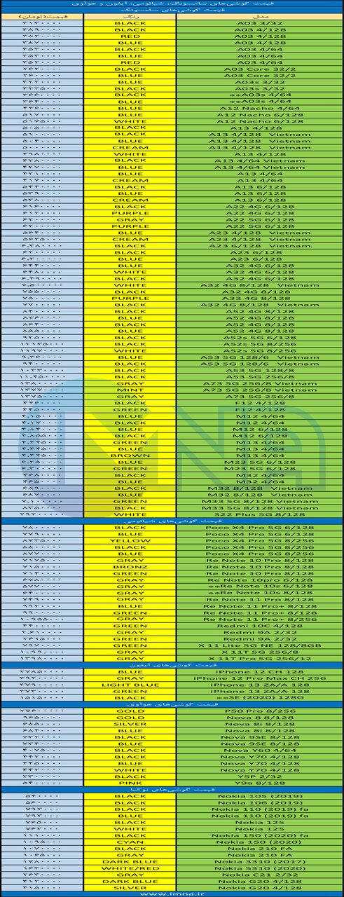 قیمت گوشی روز موبایل ۱۴۰۱/۰۶/۲۳