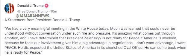 بیانیه ترامپ پس از دیدار با زلنسکی بیانیه ترامپ پس از دیدار با زلنسکی