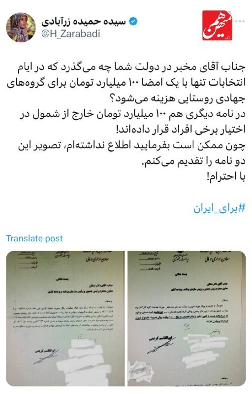 ️حمیده زرآبادی خواستار پاسخگویی مخبر درباره پول پاشی دولت شد